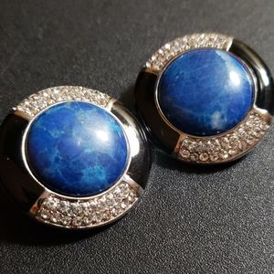Vintage lapis clips with rhinestones,  enamel